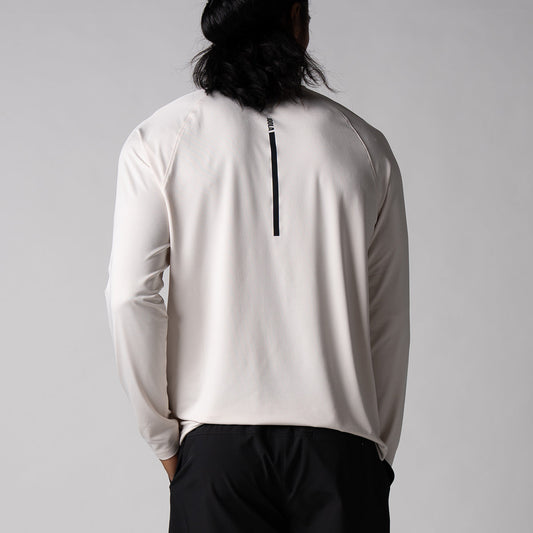 Gray background, image of the back of a male model wearing the JOOLA Men's Court long-sleeve shirt. Sandstone.