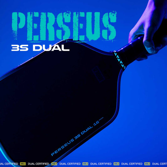 Black paddle with 'PERSEUS 3S DUAL' text on a blue background.