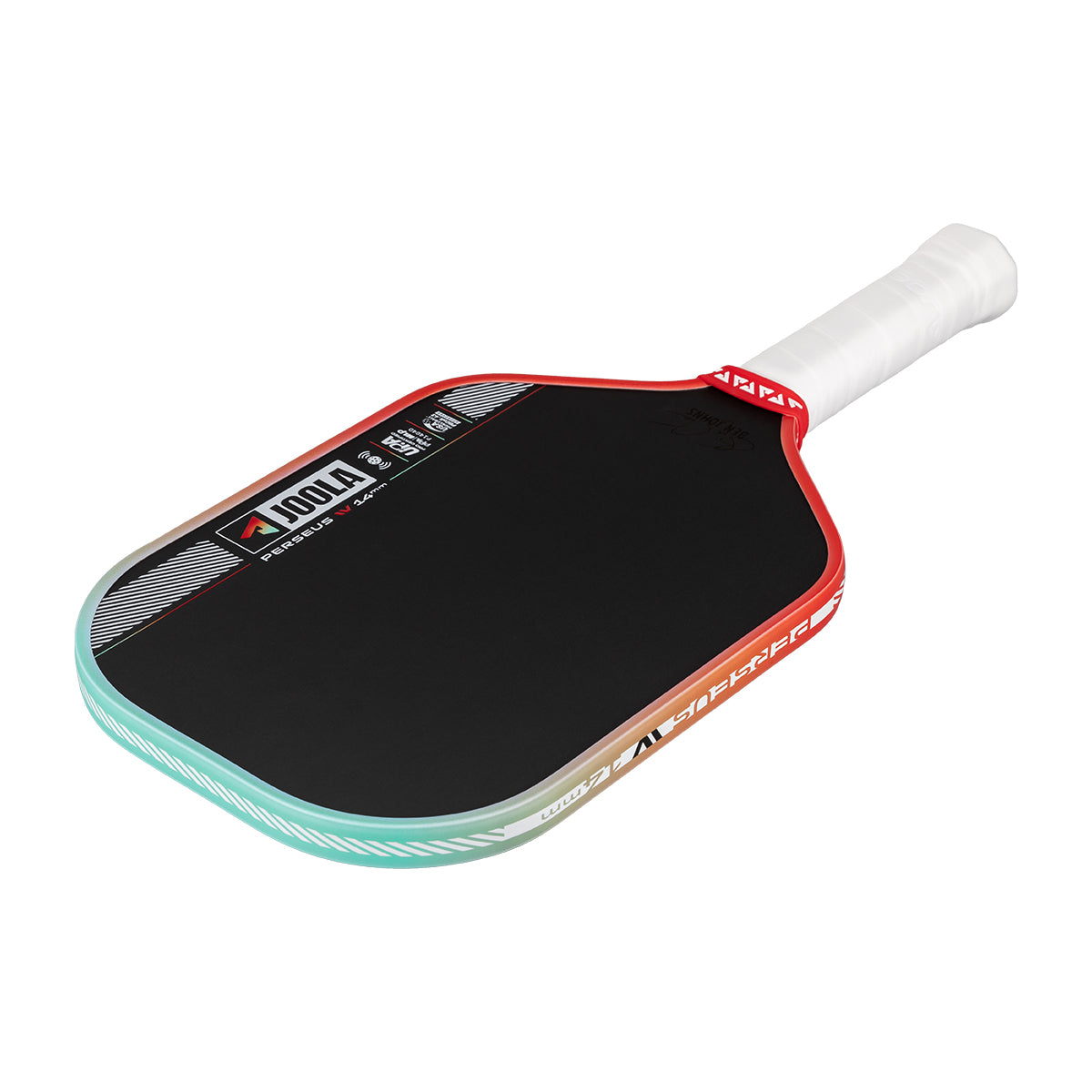 Pickleball paddle with black surface, red border, and white handle on a white background