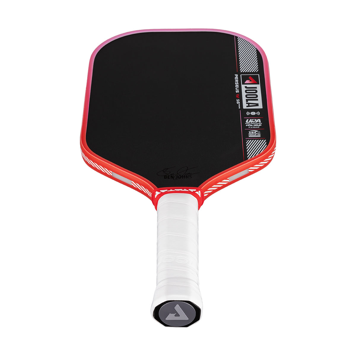 Pickleball paddle with black playing surface, red frame, and white handle on a white background