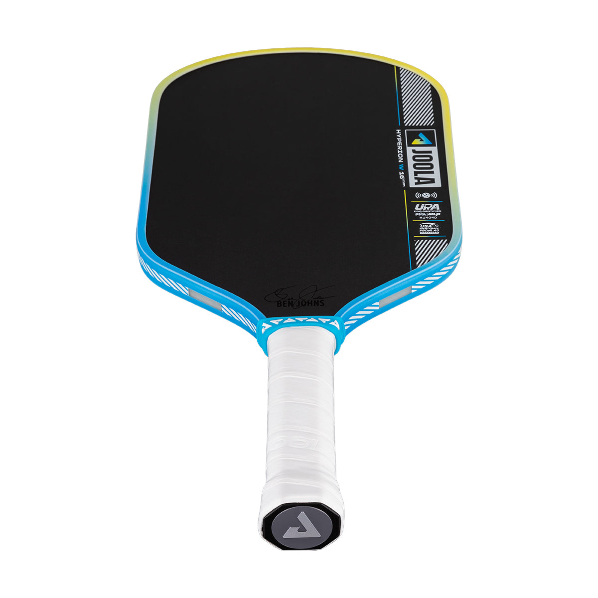 Pickleball paddle with black playing surface, blue frame, and white handle on a white background.