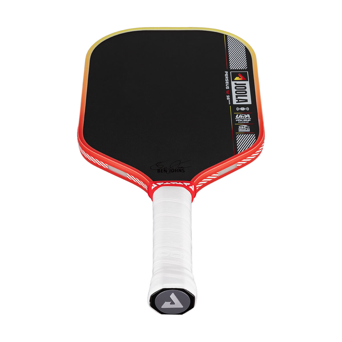 Pickleball paddle with black face, red frame, and white handle on a white background