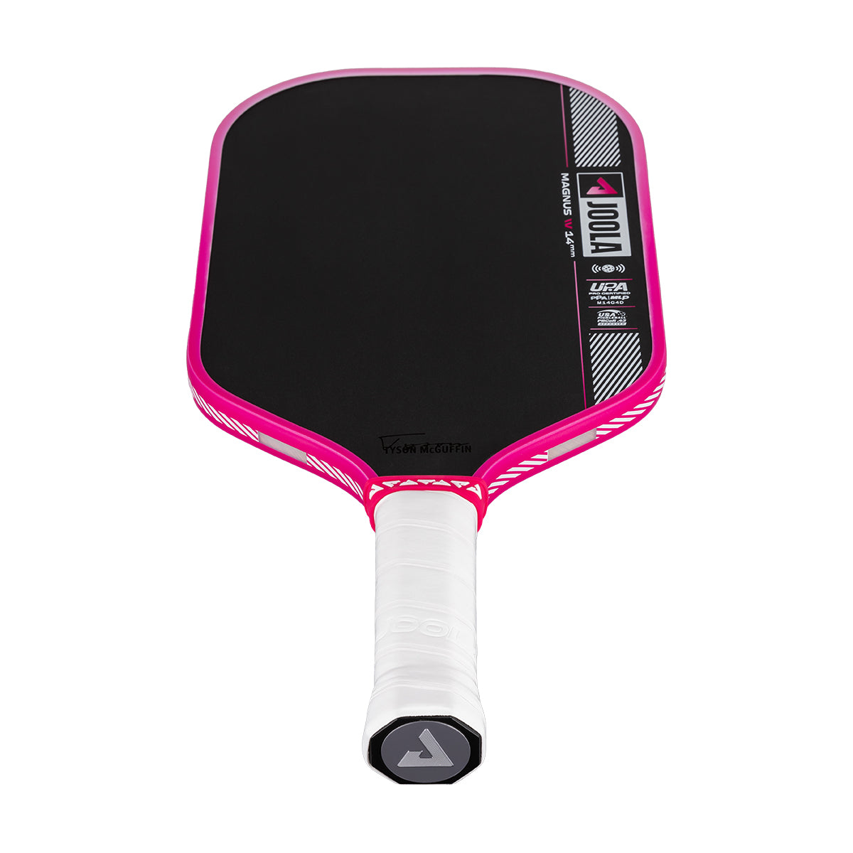 Pickleball paddle with pink frame and black surface on a white background
