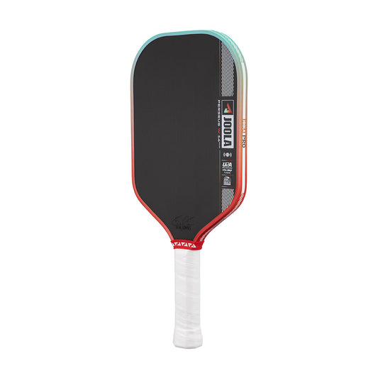 Pickleball paddle with black surface, red edges, and white handle on a white background