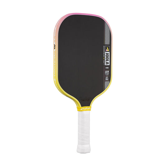 Pickleball paddle with black face, yellow sides, and white handle on a white background.