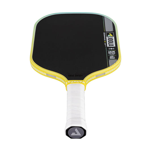 Yellow and black pickleball paddle on a white background.