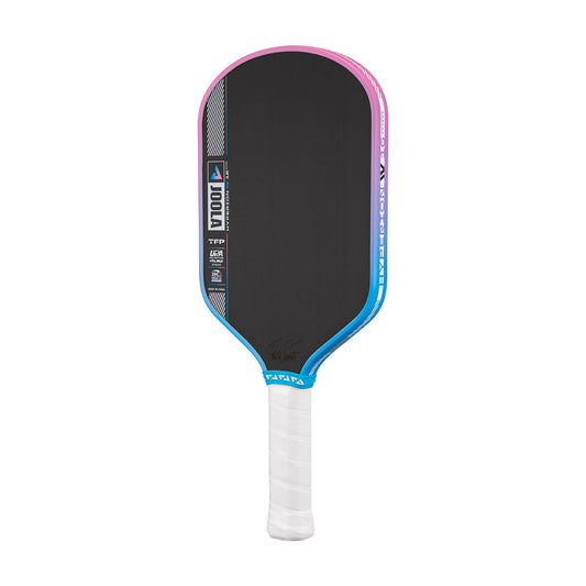 Pickleball paddle with black face, pink and blue sides, and white handle on a white background.