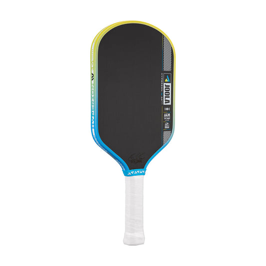 Pickleball paddle with black face, blue sides, and white handle on a white background.