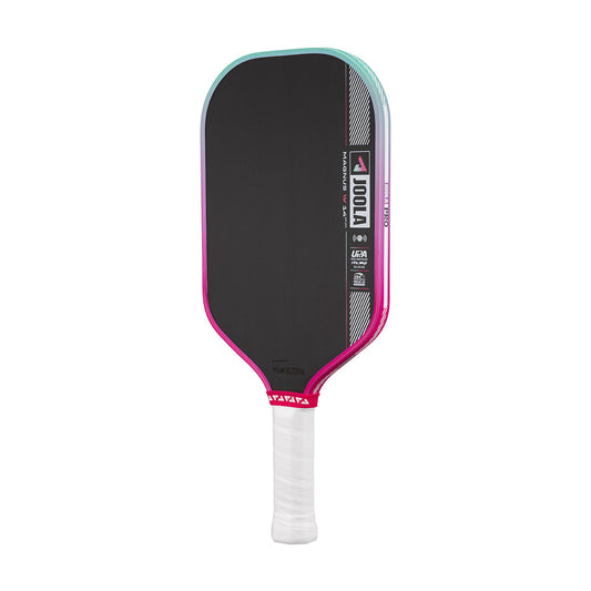 Pickleball paddle with black face, pink handle, and white grip on a white background.