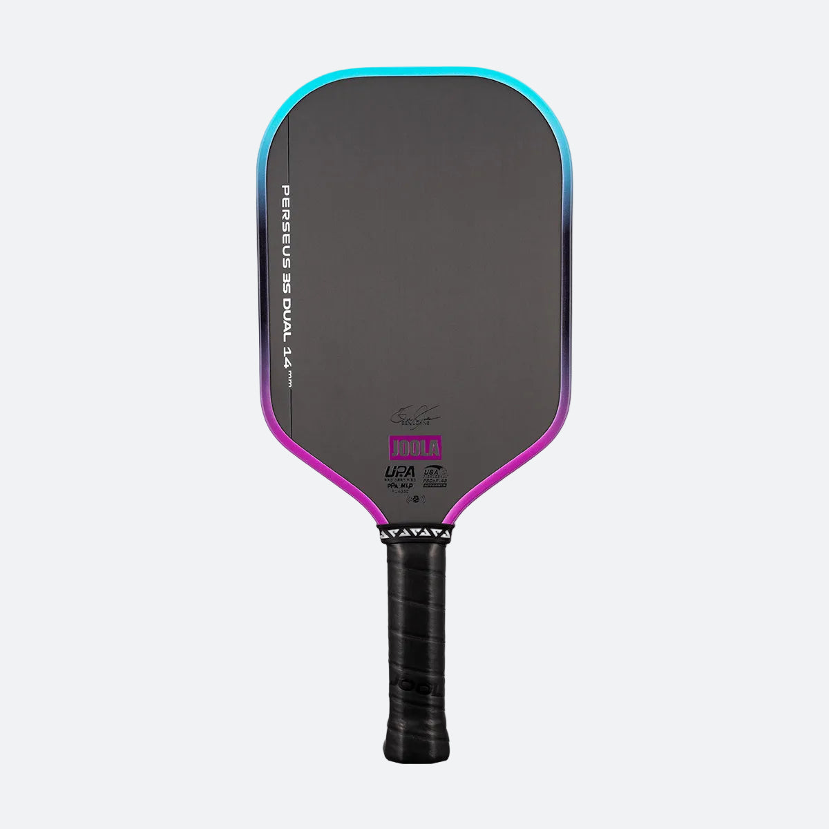 White background, image of a JOOLA Perseus 3S Dual pickleball paddle with a purple and blue dual gradiant edge guard.