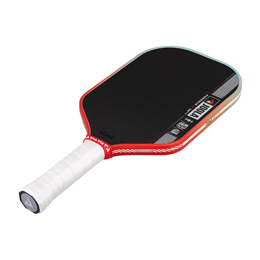 Pickleball paddle with black surface and red border on a white background