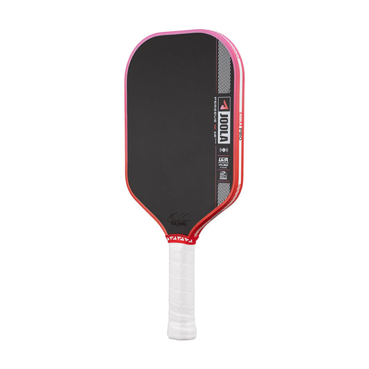 Pickleball paddle with red rim and white handle on a white background