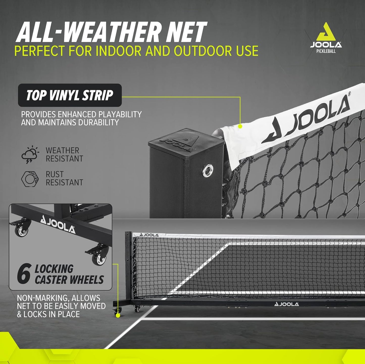 JOOLA pickleball infographic showing the all-weather net features of the JOOLA pro pickleball net.