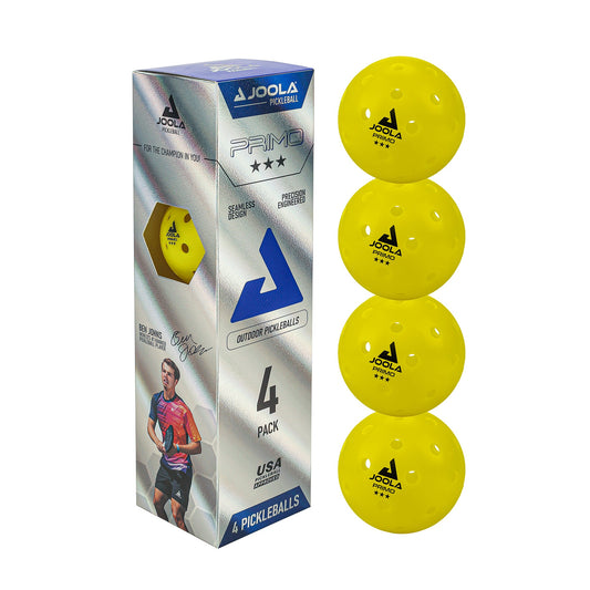 White background Image: Packaging for a four pack of JOOLA Primo pickleball balls.