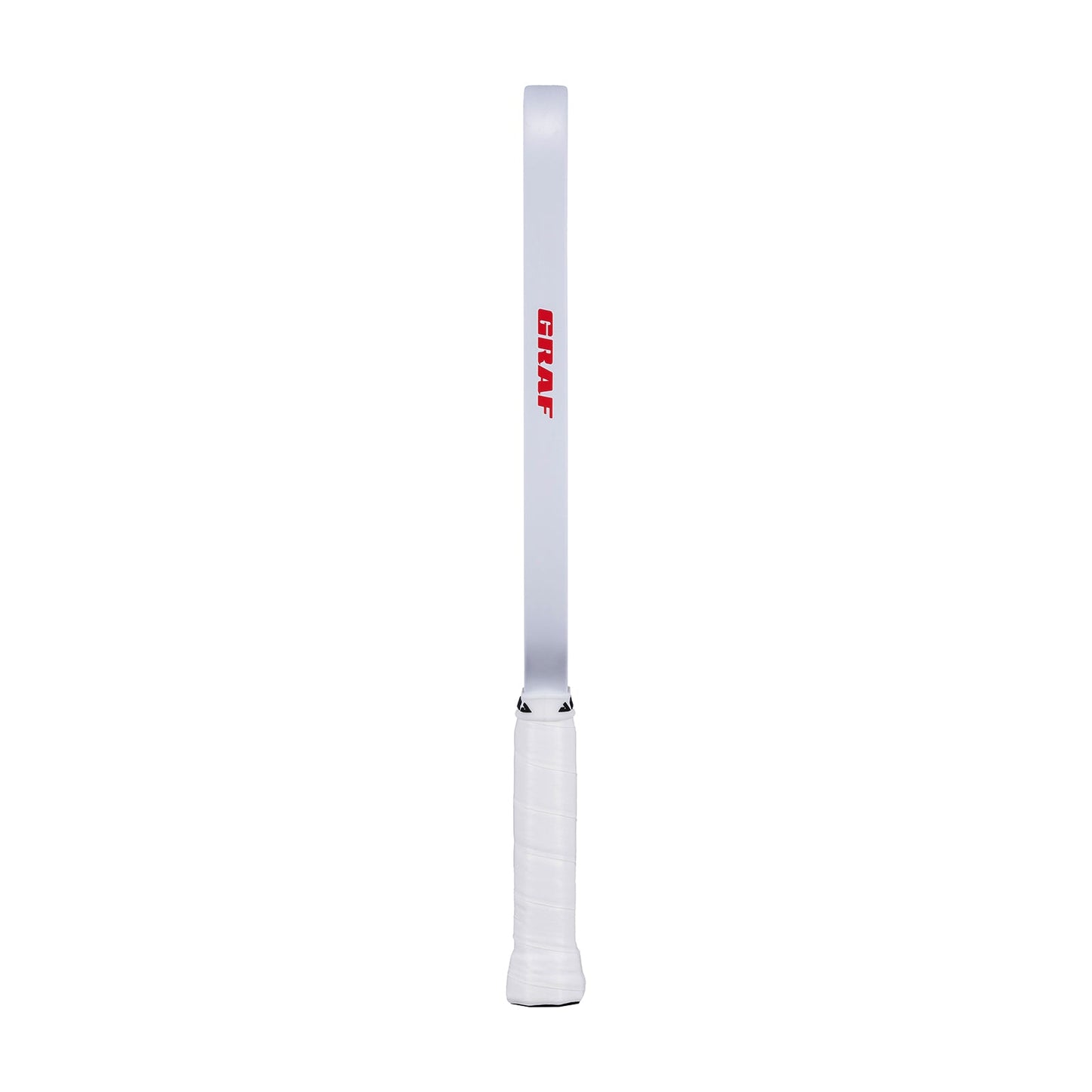 White background, product image of the white edge guard and Graf logo on the side of the Agassi x JOOLA Graf Pro Pickleball Paddle. White handle.