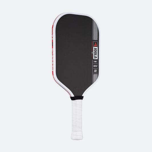 White background image, product image of the JOOLA Ben Johns Perseus Pro IV Pickleball paddle. White handle, black surface, white edge guard. 14mm.