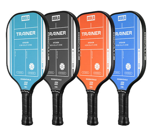 White background, angled product image of four JOOLA Trainer pickleball paddles. Blue, Orange, Teal and Black.