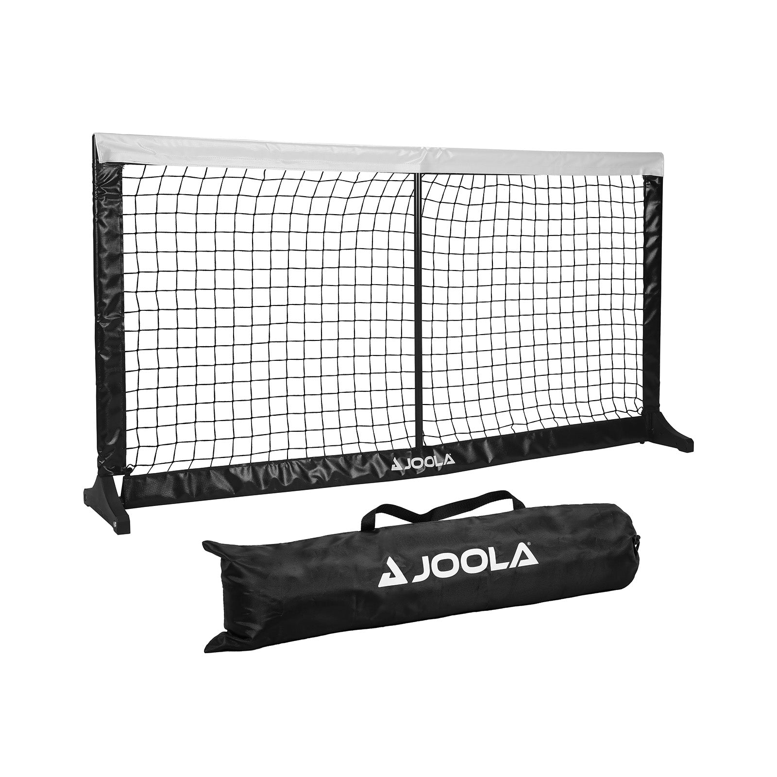 White background, product image of the JOOLA Compact Pickleball net set up with the carrying case next to the net.