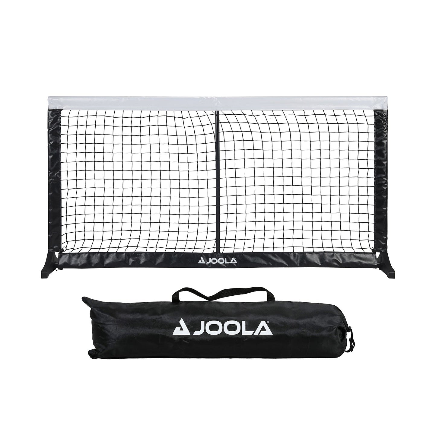White background, product image of the JOOLA Compact Pickleball net set up with the carrying case next to the net.