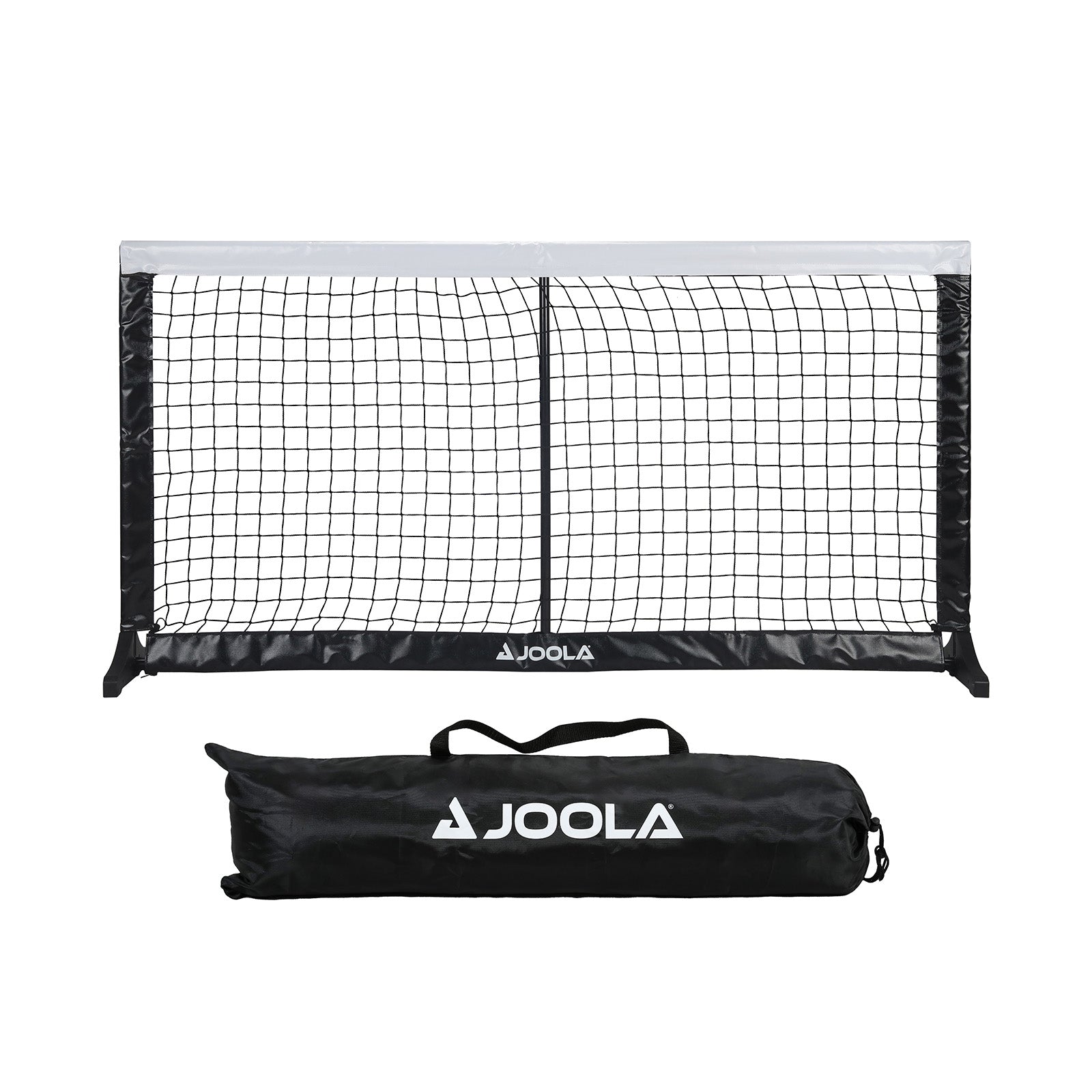 White background, product image of the JOOLA Compact Pickleball net set up with the carrying case next to the net.