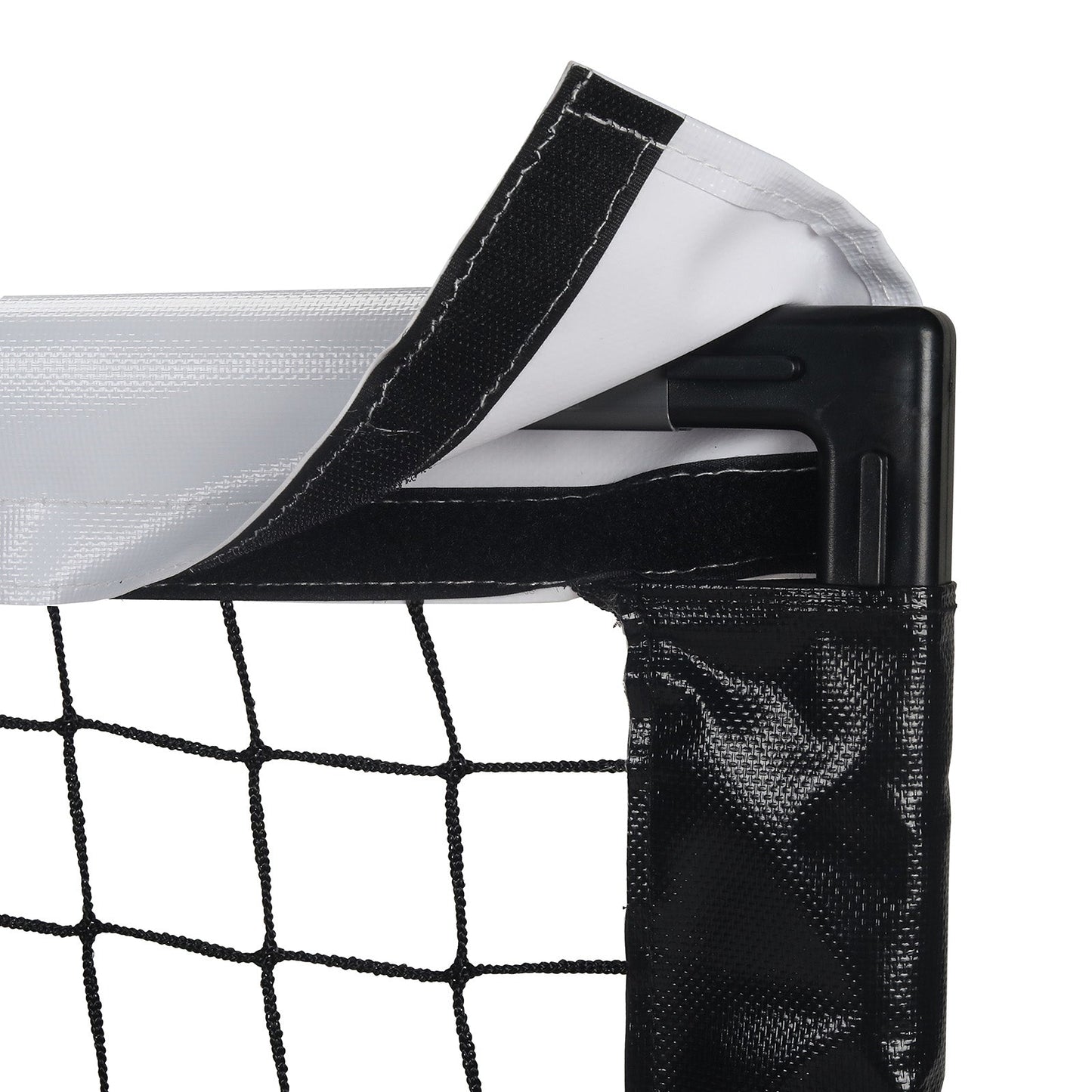 White background, close up product image of the right upper corner of the JOOLA Compact Pickleball Practice Net. Image shoes the velcro that connects the net to the pole.