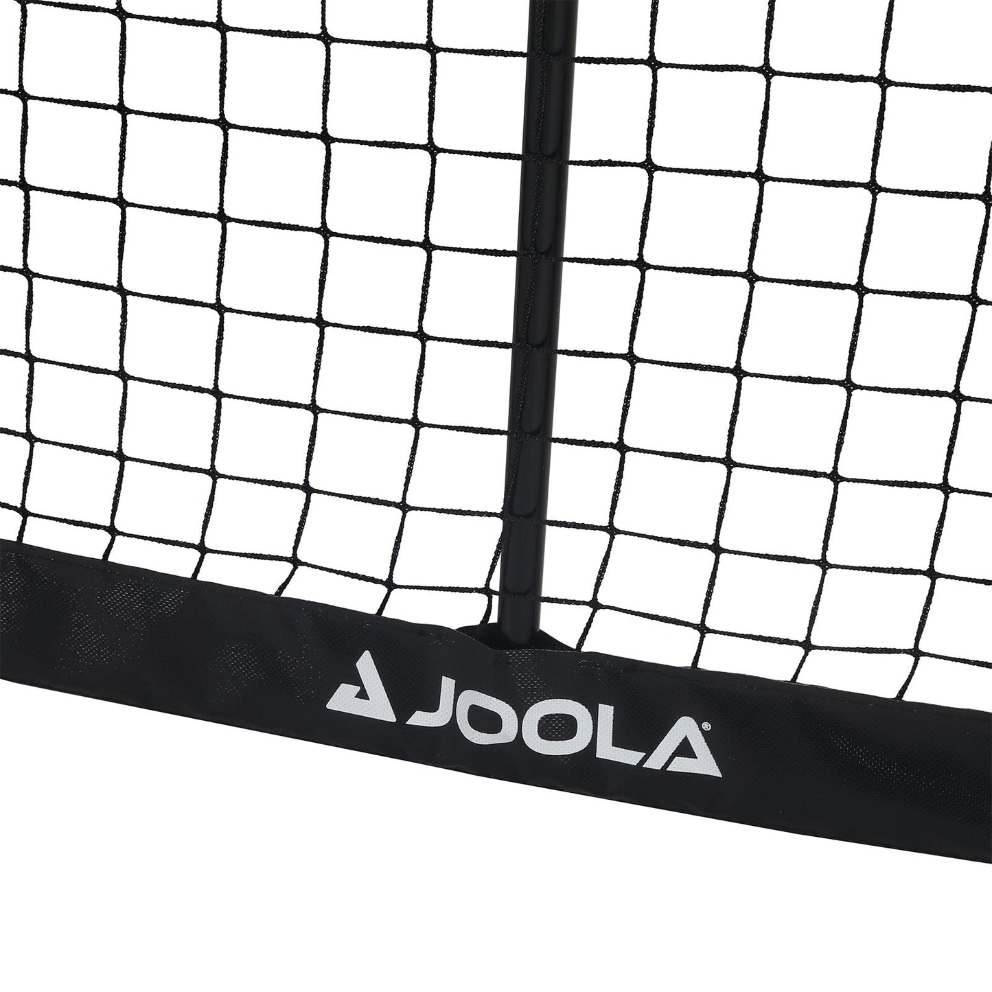 White background, close up of the JOOLA logo on the bottom middle of the JOOLA Compact Pickleball practice net.