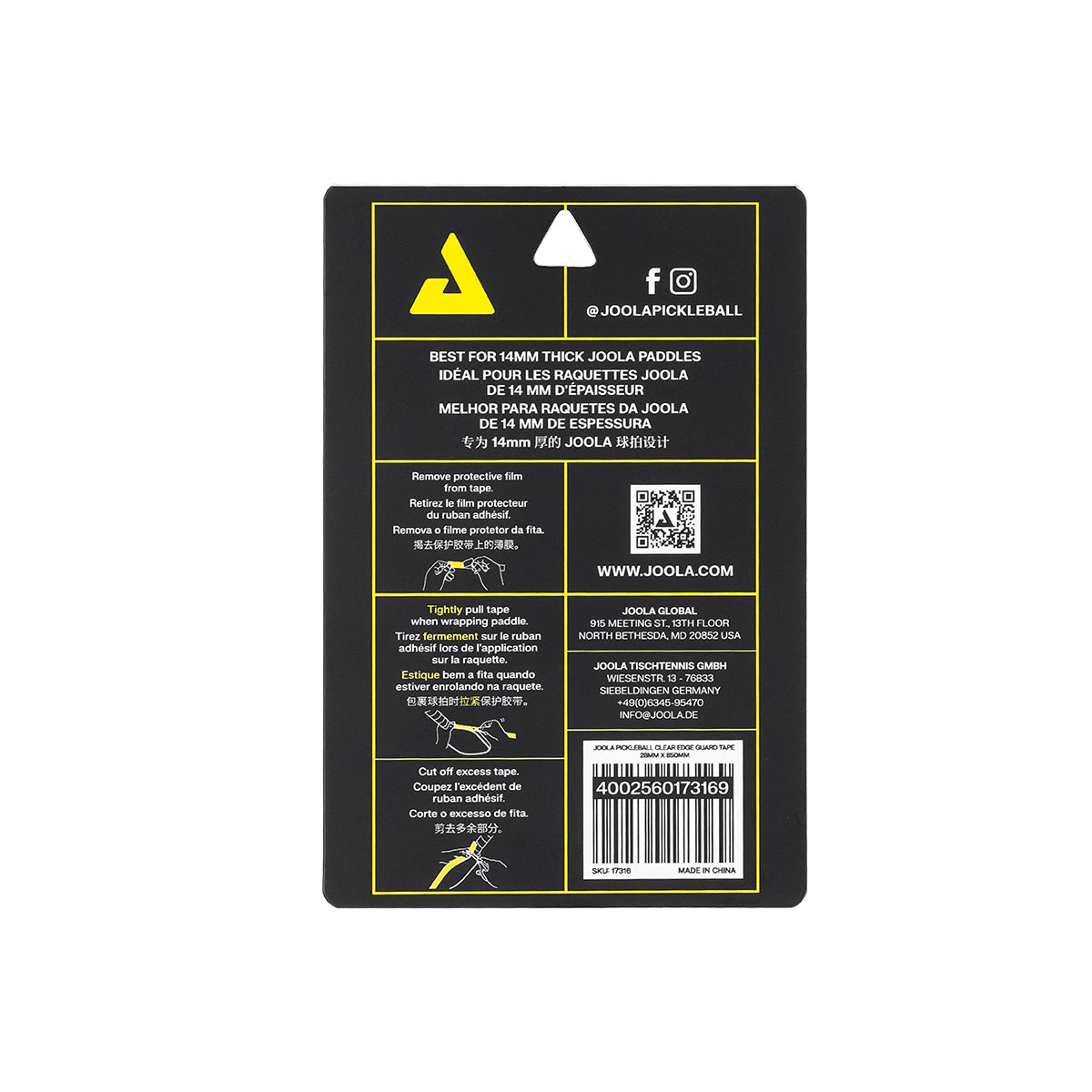 White background, image of the application instructions on the back of a package of JOOLA clear edge guard tape.