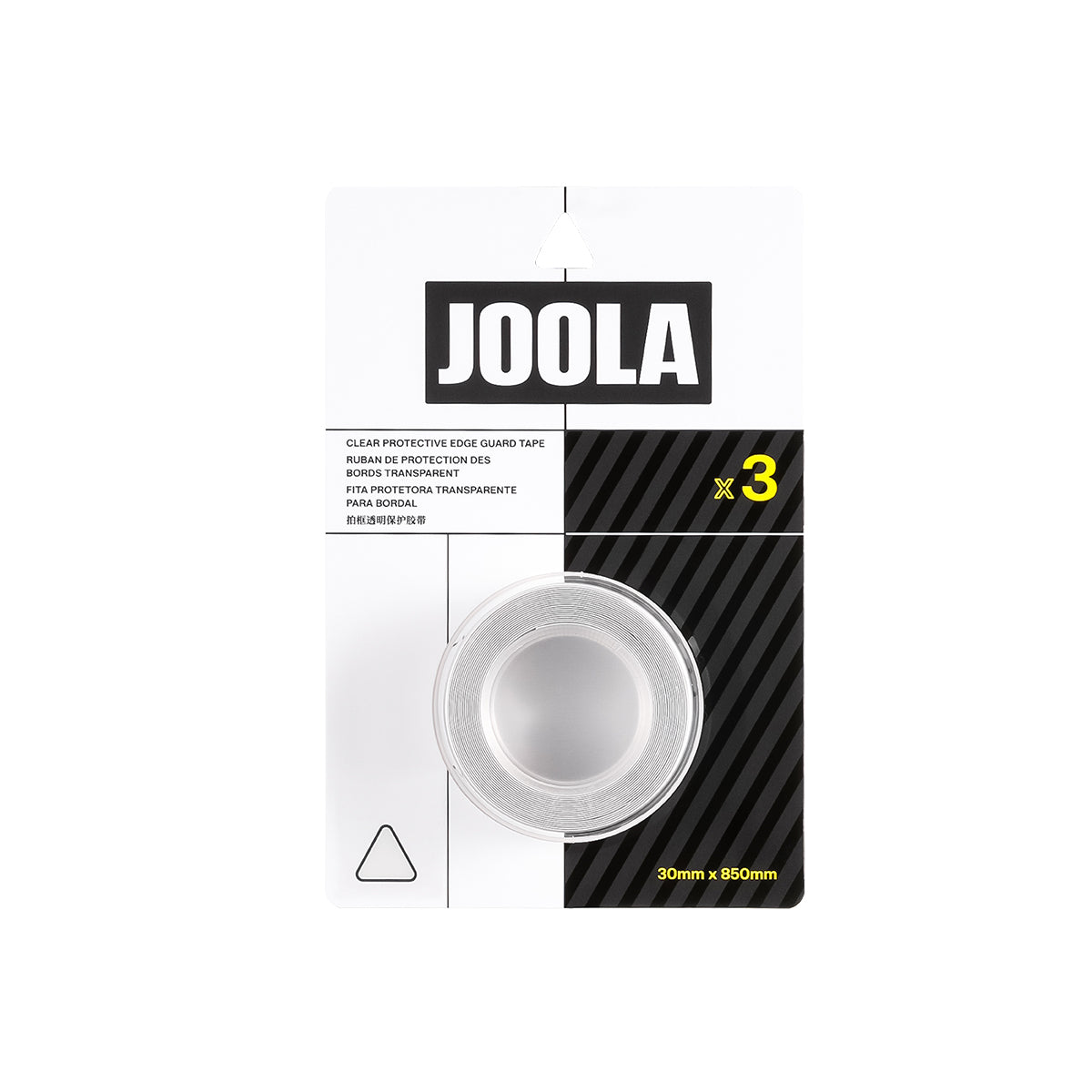 White background, product image of a package of JOOLA Clear Edge Guard tape.