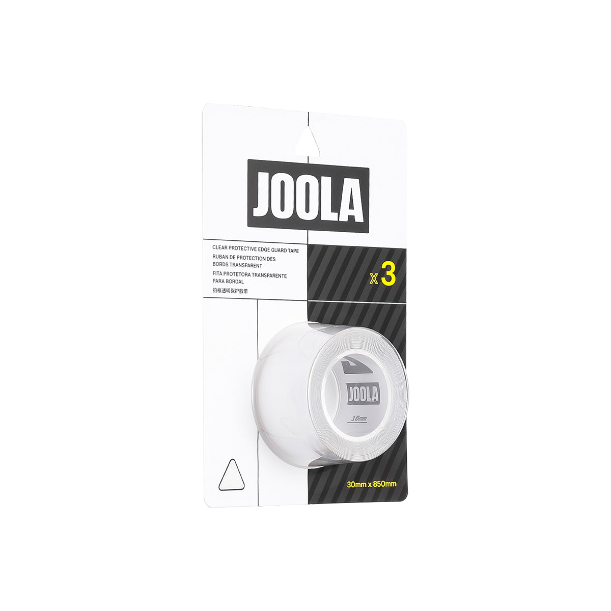 White background, angled view of a package of JOOLA clear edge guard tape.