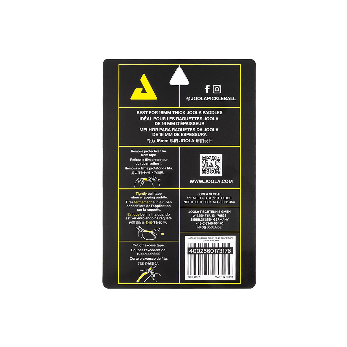 White background, image of the application instructions on the back of a package of JOOLA Clear Edge Guard Tape.