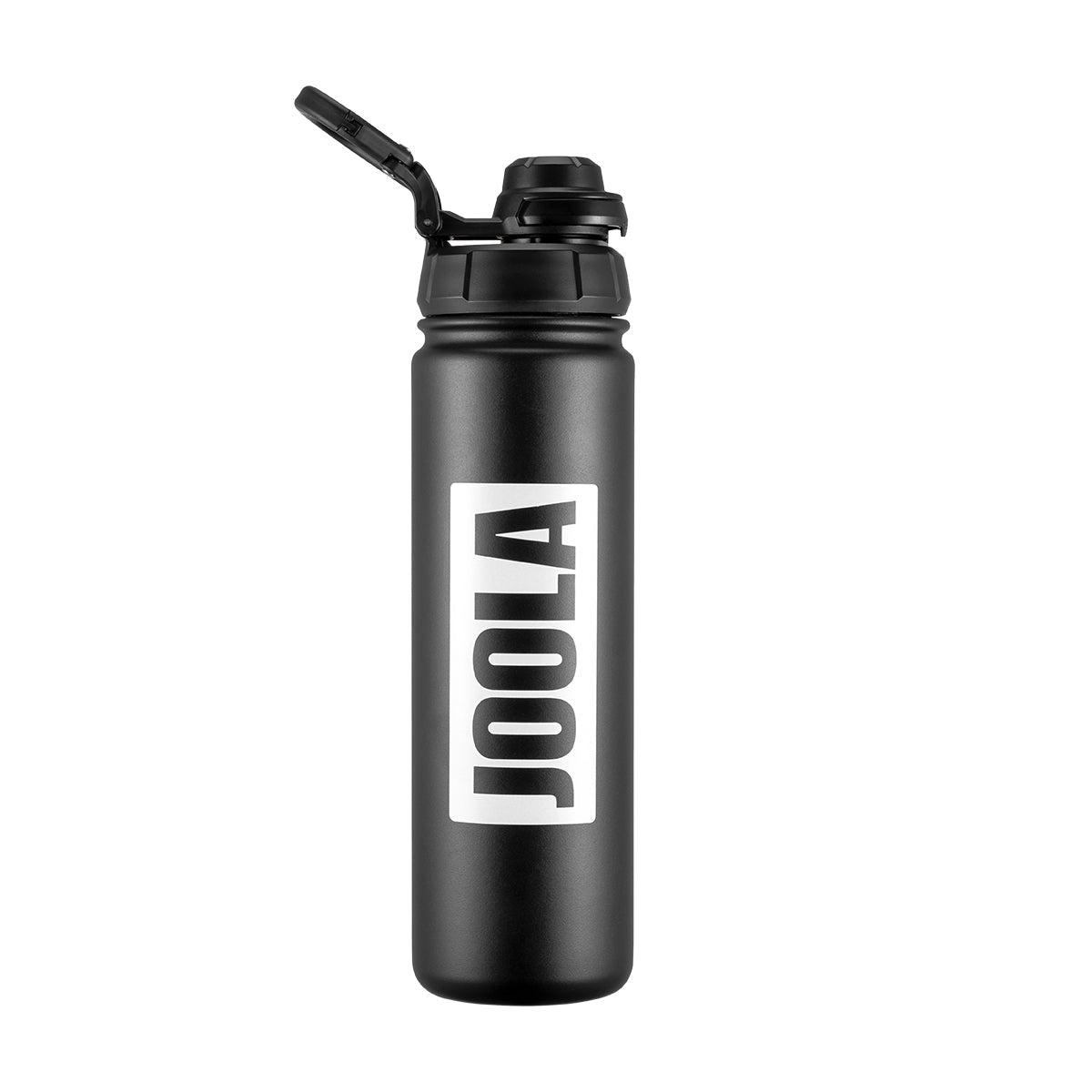 Black water bottle with 'JOOLA' logo on a white background.