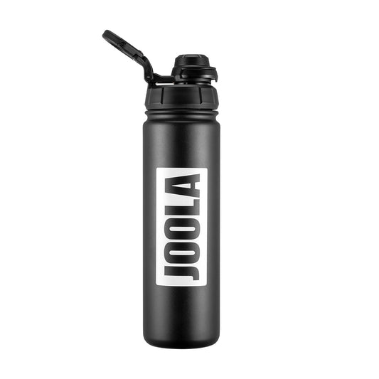 Black water bottle with 'JOOLA' logo on a white background.