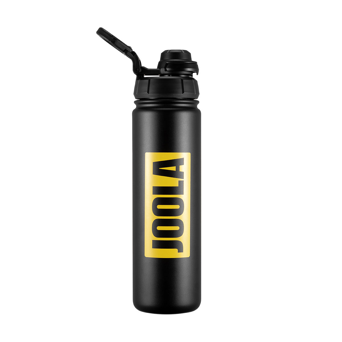 Black water bottle with yellow JOOLA logo on a white background