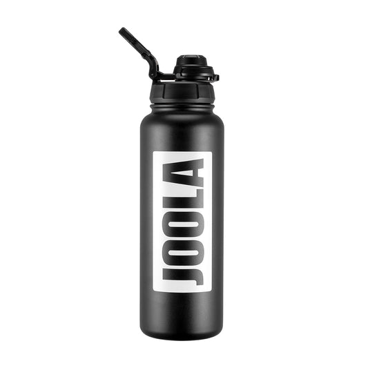 Black water bottle with straw lid and 'JOOLA' logo on a white background.
