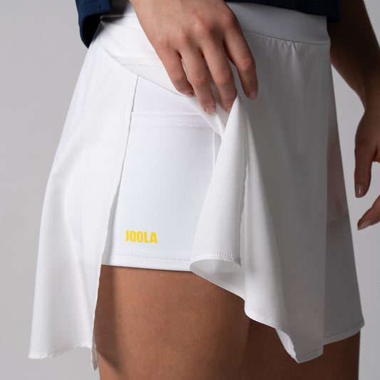 Gray background, close up image of the hidden under-shorty pocket of the JOOLA women's pickleball skort, white.