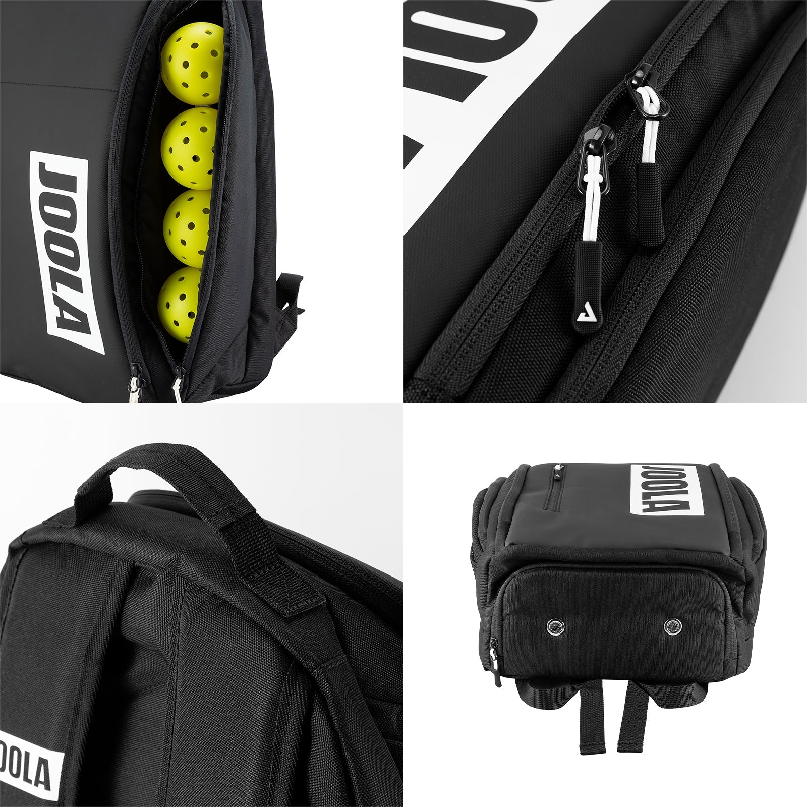 A collage of four images showing the features of the JOOLA Vision II Backpack.