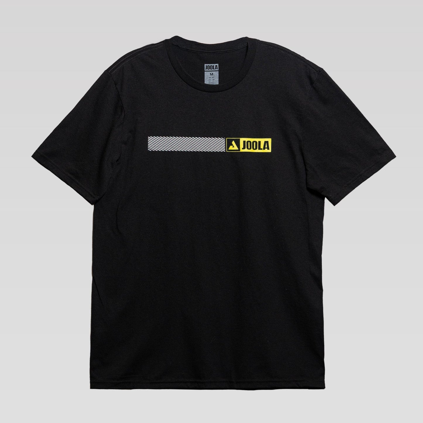 White background, product image of the JOOLA Men?ôs Pro IV Branded Lockup Short Sleeve Graphic Tee, black.