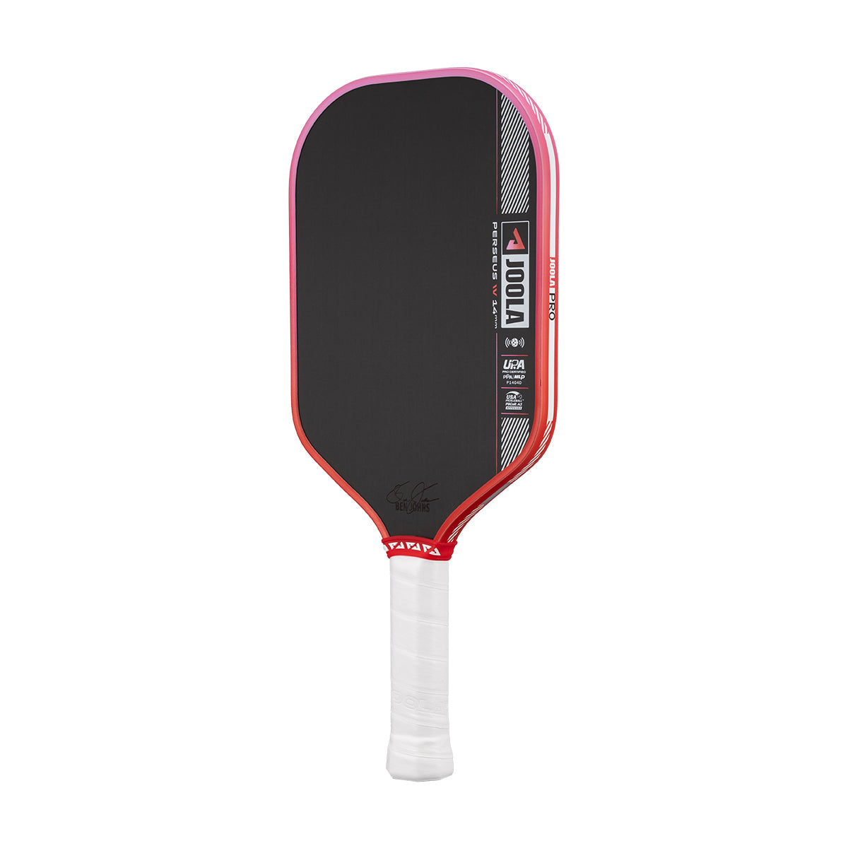 Pickleball paddle with red rim and white handle on a white background