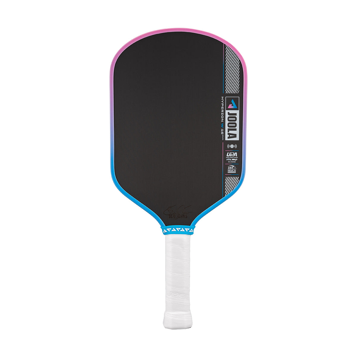 Pickleball paddle with black face, pink rim, blue border, and white handle on a white background.