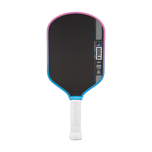 Pickleball paddle with black face, pink rim, blue border, and white handle on a white background.
