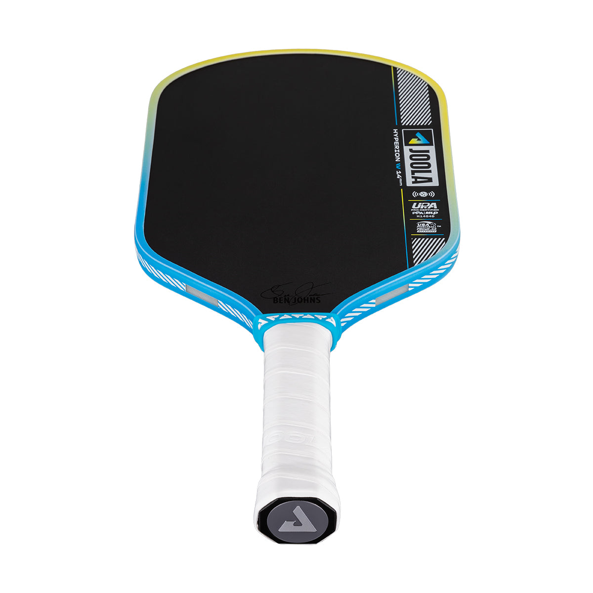 Pickleball paddle with black face, blue rim, and white handle on a white background.