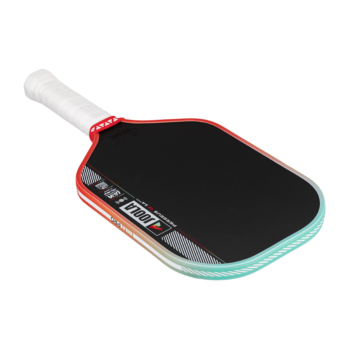 Pickleball paddle with black surface, red border, and white handle on a white background