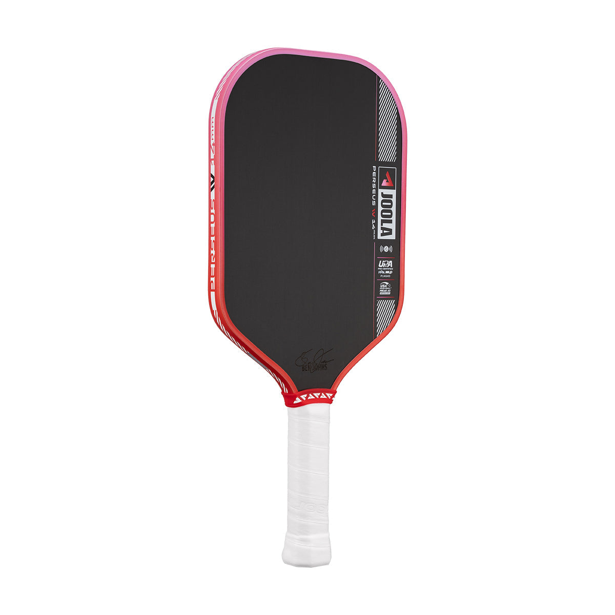 Pickleball paddle with black face, red border, and white handle on a white background