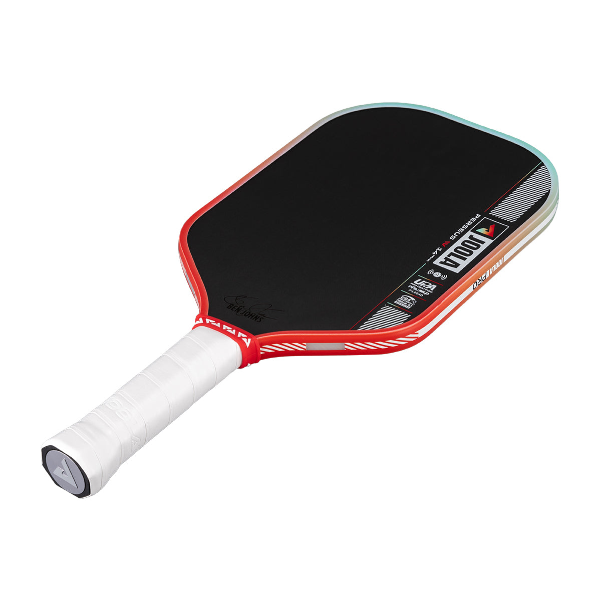 Red and black pickleball paddle on a white background