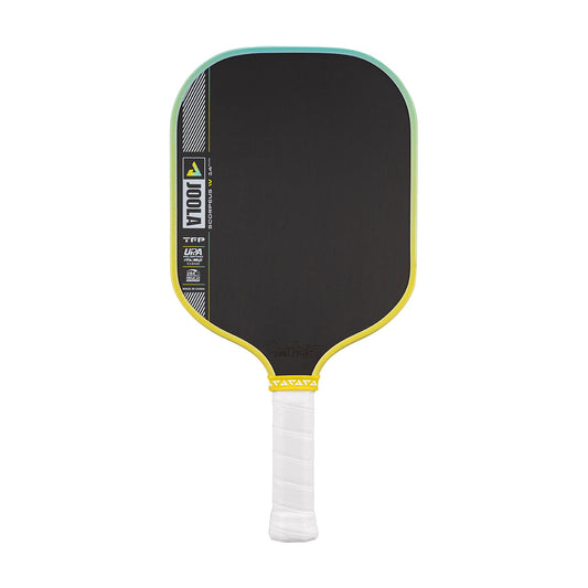 Pickleball paddle with black paddle face, yellow rim, and white handle on a white background.