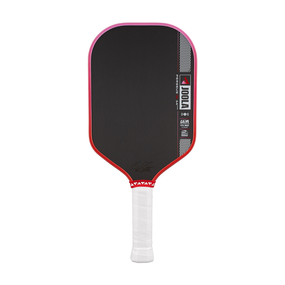 Pickleball paddle with black surface, red edges, and white handle on a white background