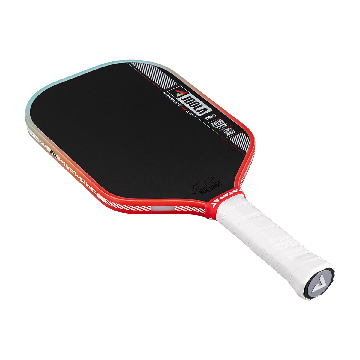 Pickleball paddle with red and black design on a white background