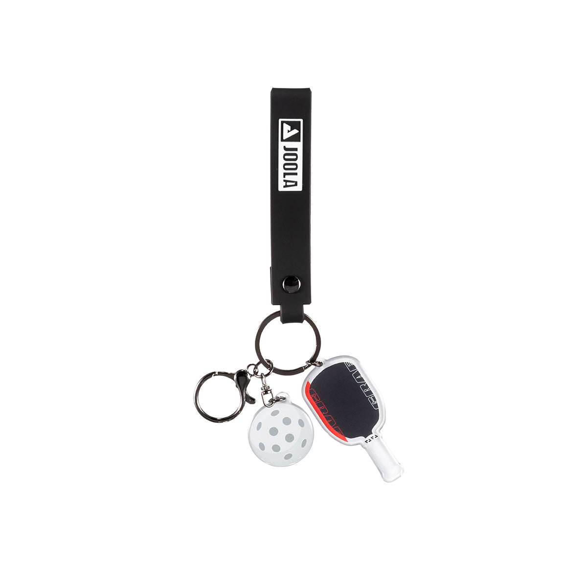 JOOLA Graf keychain with paddle and white ball design on a white background