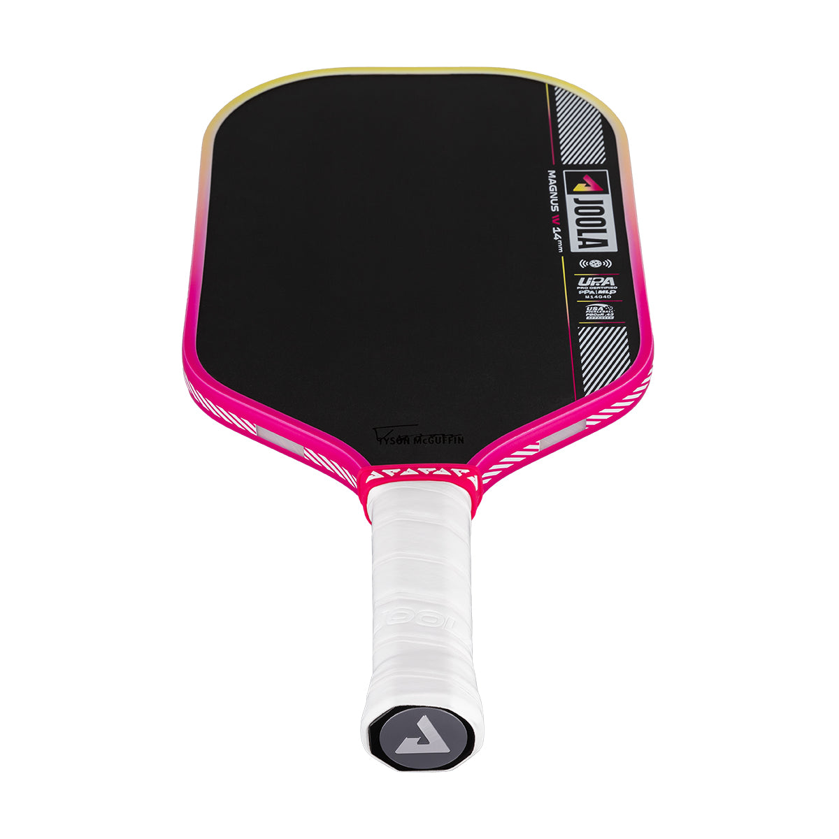White background, JOOLA Magnus Pro IV 14mm pickleball paddle, with yellow and pink gradient.