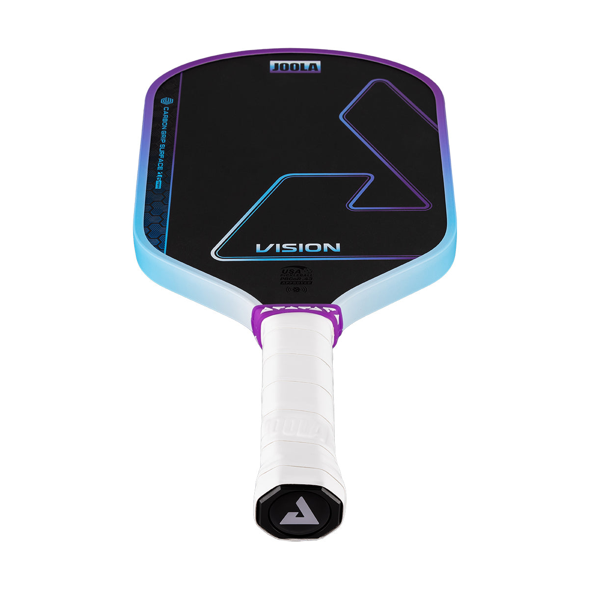 White background, image of the JOOLA Hyperion Vision pickleball paddle with white handle.
